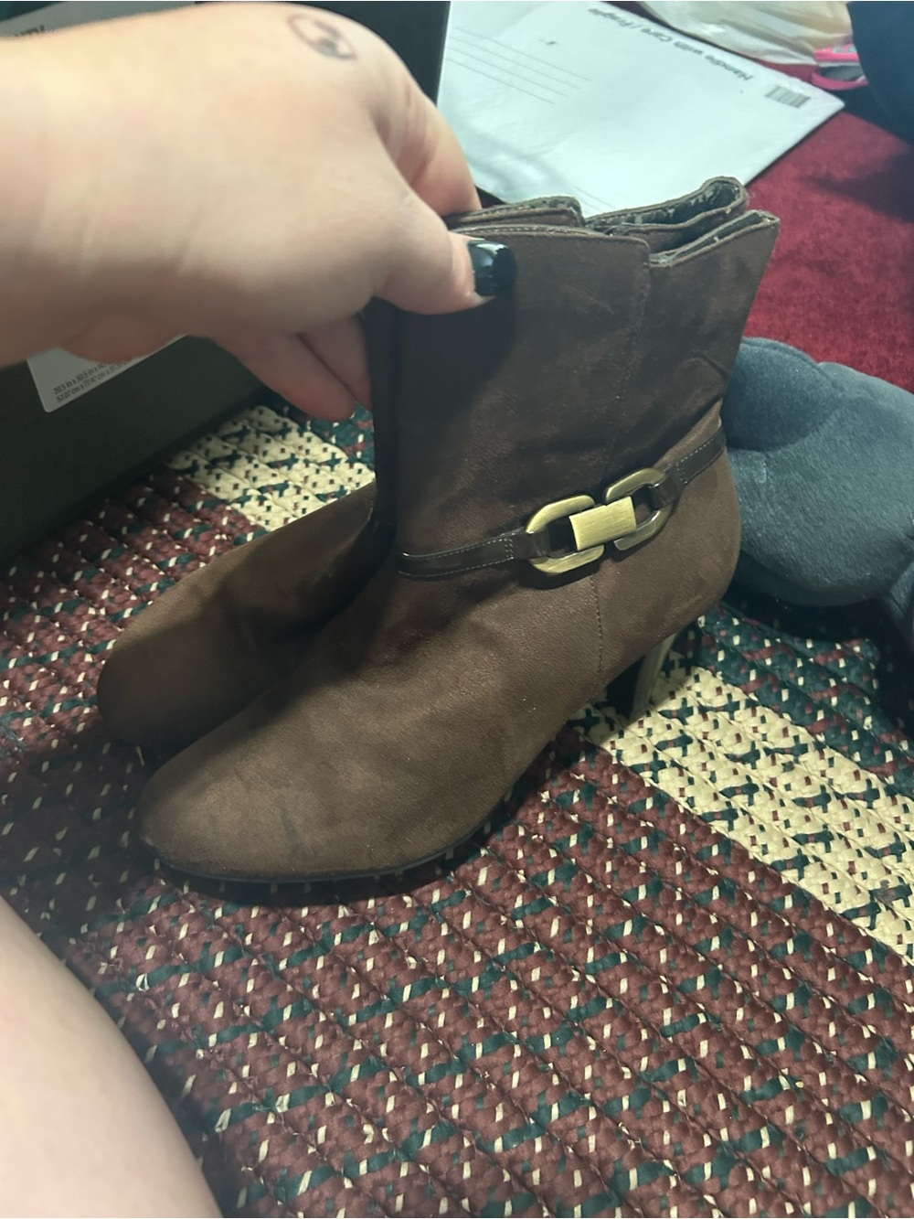 kate spade Brown Suede-Look Ankle Boots with Gold Buckle